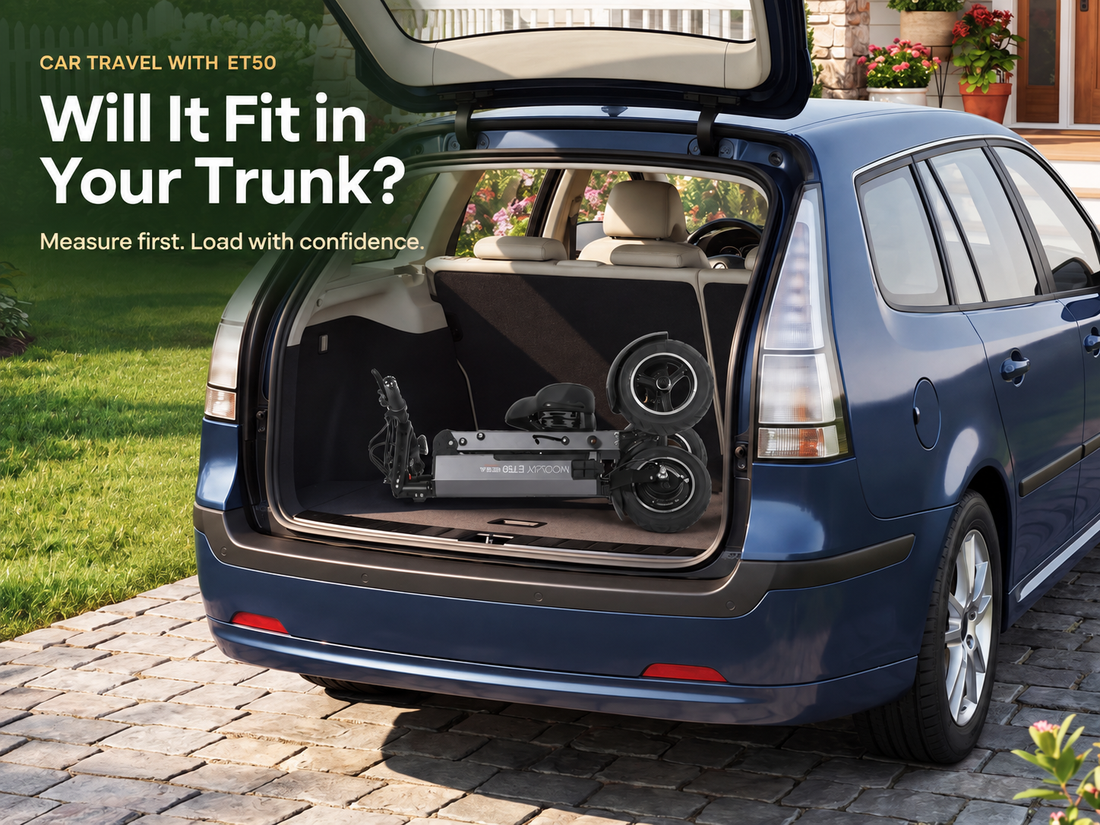Folded MOOJAY ET50 inside a car trunk with the headline Will It Fit in Your Trunk?