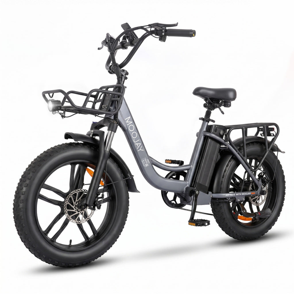 Adult Electric Bike 20" Fat Tire All Terrain, MOOJAY 250W Commuter Ebike 48V 13AH Removable Battery, Up to 80km Range, 25km/h Max Speed, 7-Speed Gears LCD Display, Metal Basket & Dual Disc Brakes