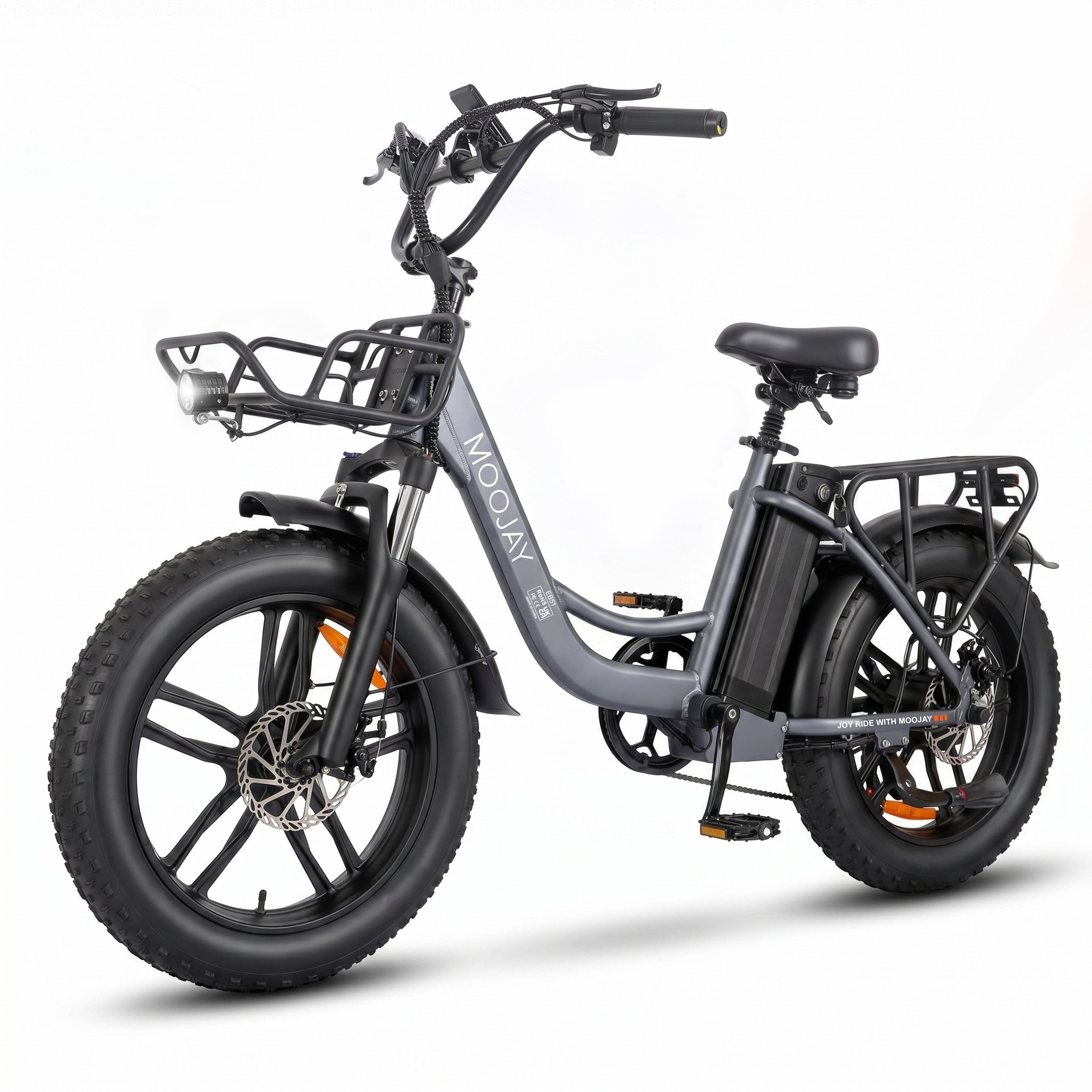 Adult Electric Bike 20" Fat Tire All Terrain, MOOJAY 250W Commuter Ebike 48V 13AH Removable Battery, Up to 80km Range, 25km/h Max Speed, 7-Speed Gears LCD Display, Metal Basket & Dual Disc Brakes