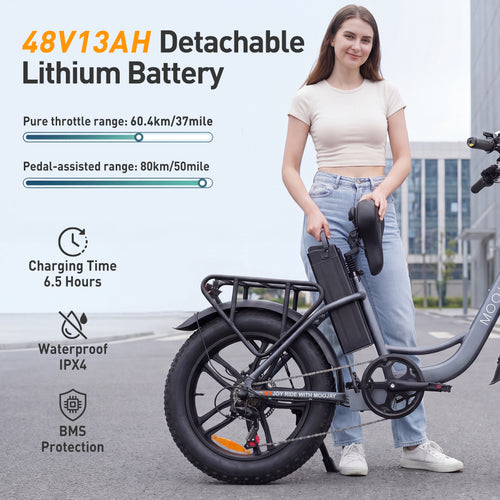 Adult Electric Bike 20" Fat Tire All Terrain, MOOJAY 250W Commuter Ebike 48V 13AH Removable Battery, Up to 80km Range, 25km/h Max Speed, 7-Speed Gears LCD Display, Metal Basket & Dual Disc Brakes