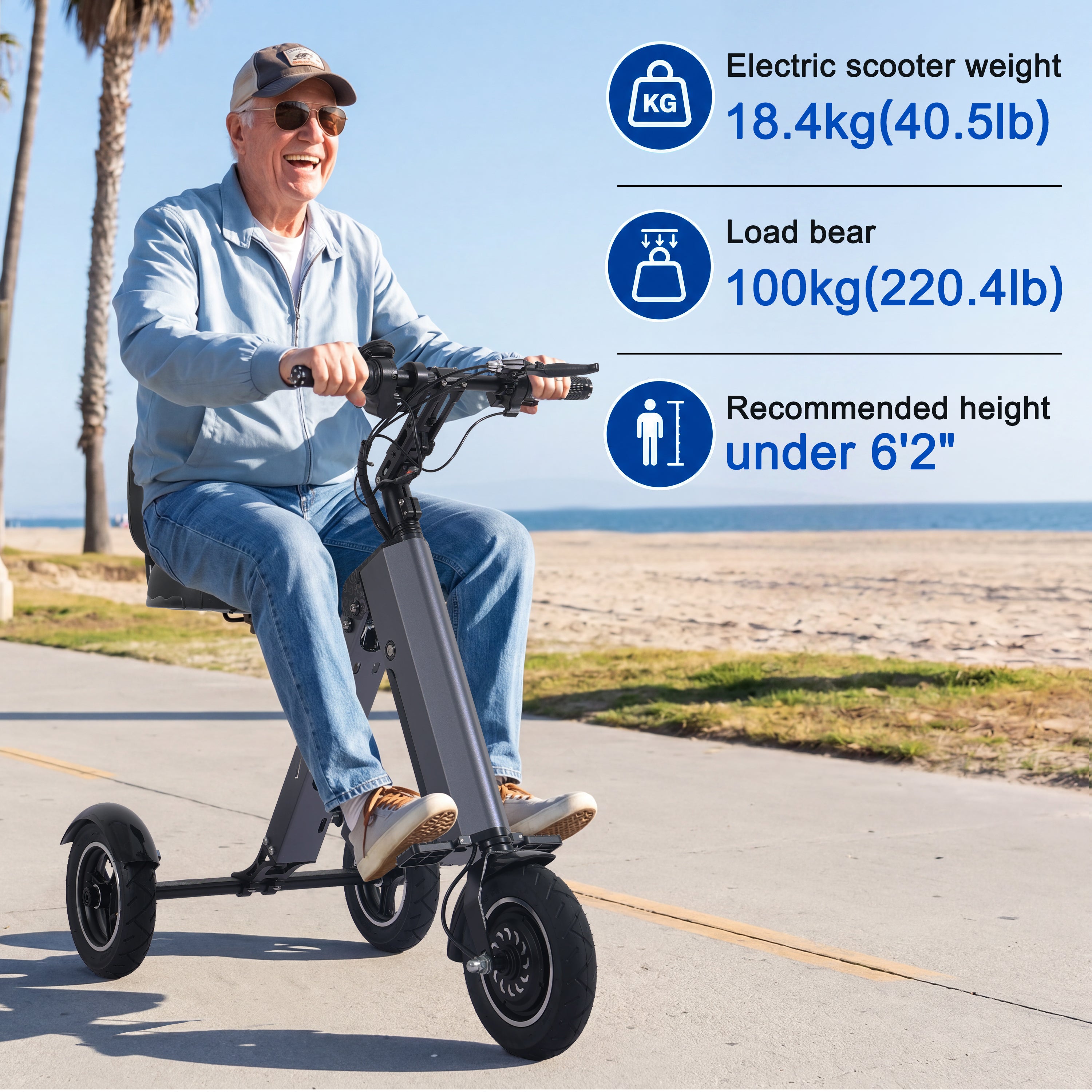 MOOJAY ET50 3-Rad faltbarer Elektroroller für Erwachsene, faltbarer E-Scooter mit Rückenlehne, abnehmbarer 7,8-Ah-Akku & Rückwärtsfunktion, leichter Elektroroller für Pendlerfahrten - Grau