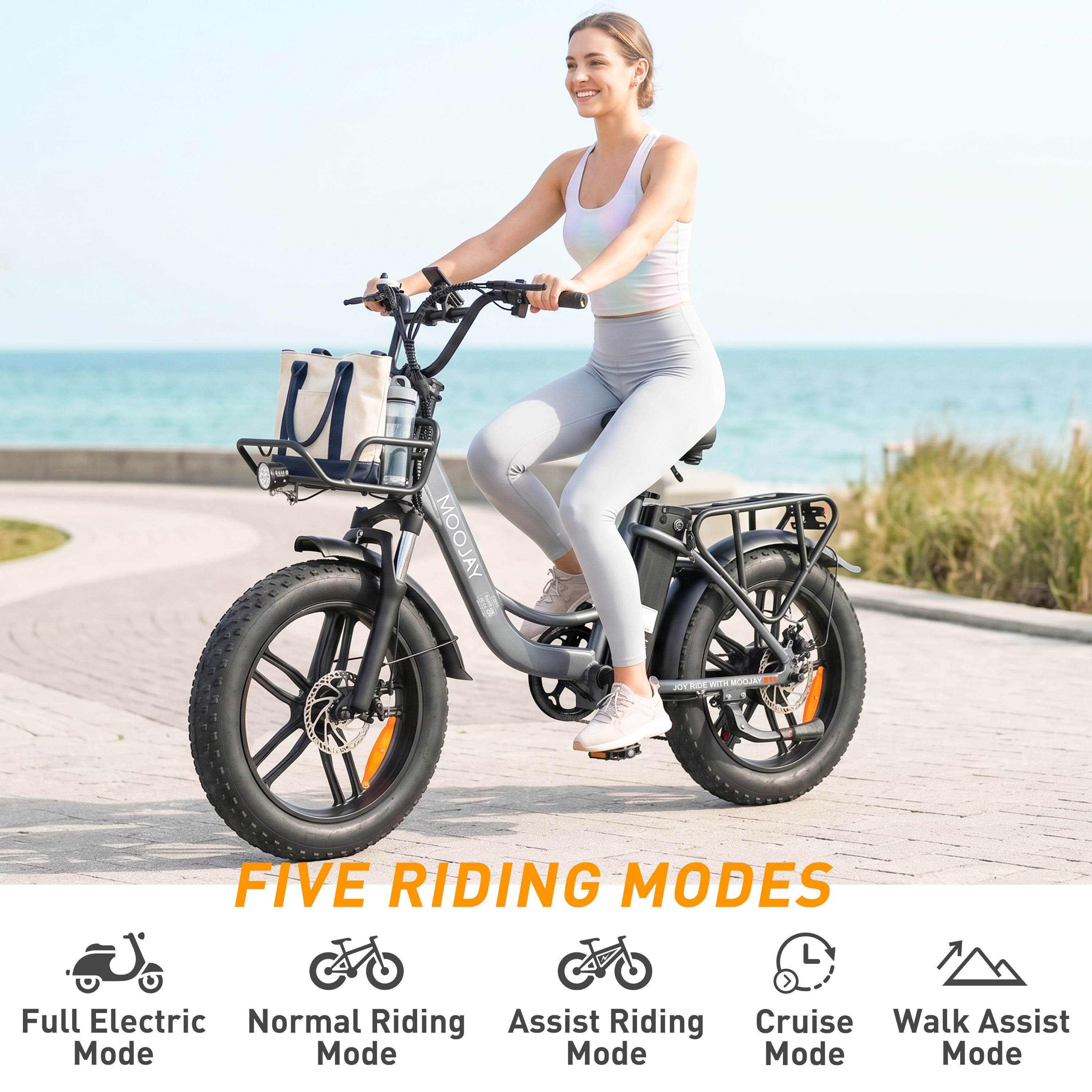 Adult Electric Bike 20" Fat Tire All Terrain, MOOJAY 250W Commuter Ebike 48V 13AH Removable Battery, Up to 80km Range, 25km/h Max Speed, 7-Speed Gears LCD Display, Metal Basket & Dual Disc Brakes