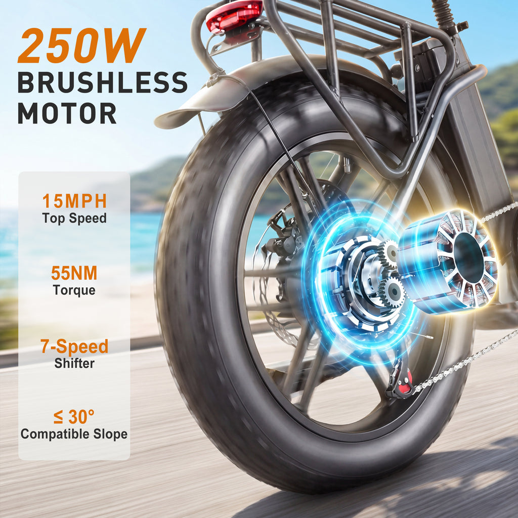 Adult Electric Bike 20" Fat Tire All Terrain, MOOJAY 250W Commuter Ebike 48V 13AH Removable Battery, Up to 80km Range, 25km/h Max Speed, 7-Speed Gears LCD Display, Metal Basket & Dual Disc Brakes