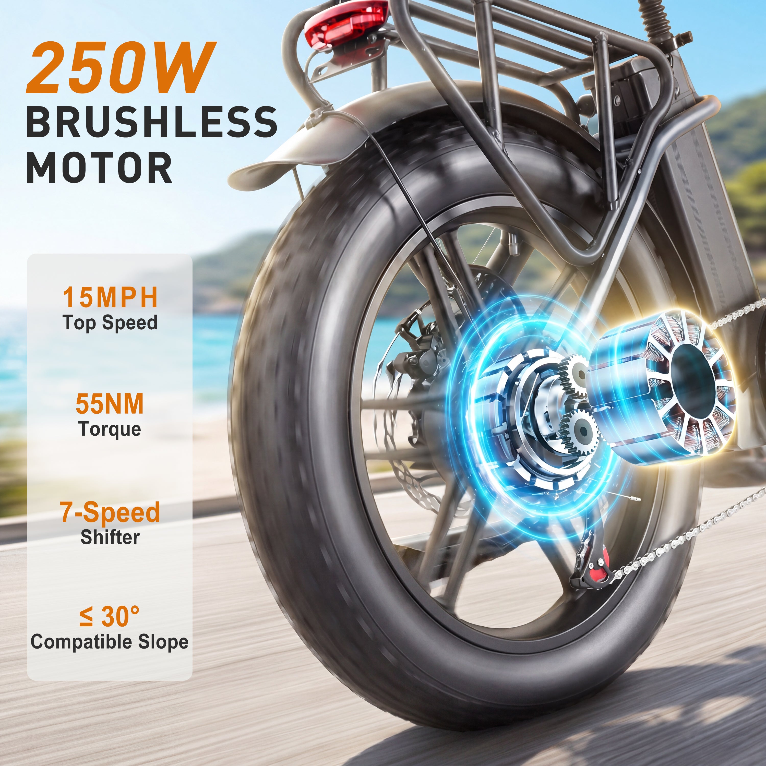 Adult Electric Bike 20" Fat Tire All Terrain, MOOJAY 250W Commuter Ebike 48V 13AH Removable Battery, Up to 80km Range, 25km/h Max Speed, 7-Speed Gears LCD Display, Metal Basket & Dual Disc Brakes