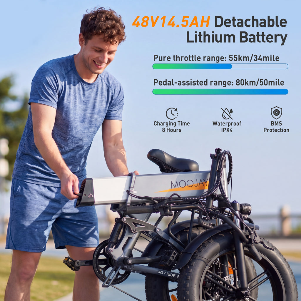 Moojay Electric Bike for Adult with Full Suspension & Dual Hydraulic Brakes 20" Fat Tire Folding Ebike with Removable 14.5Ah Battery, 25km/h Max Speed, Urban & Off-Road Commuter Electric Bicycle