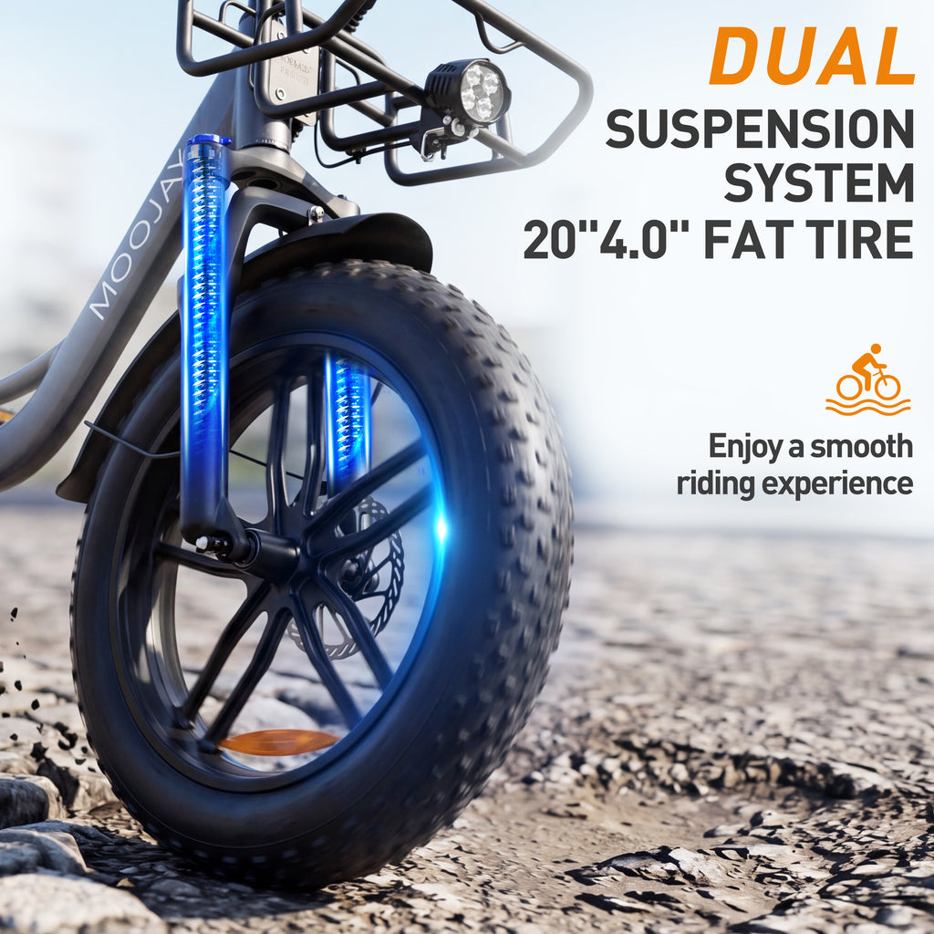 Adult Electric Bike 20" Fat Tire All Terrain, MOOJAY 250W Commuter Ebike 48V 13AH Removable Battery, Up to 80km Range, 25km/h Max Speed, 7-Speed Gears LCD Display, Metal Basket & Dual Disc Brakes