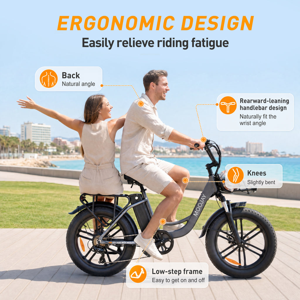 Adult Electric Bike 20" Fat Tire All Terrain, MOOJAY 250W Commuter Ebike 48V 13AH Removable Battery, Up to 80km Range, 25km/h Max Speed, 7-Speed Gears LCD Display, Metal Basket & Dual Disc Brakes