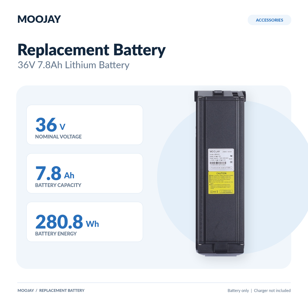 MOOJAY replacement battery specifications: 36V, 7.8Ah and 280.8Wh
