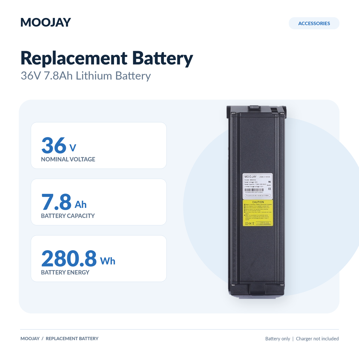 MOOJAY replacement battery specifications: 36V, 7.8Ah and 280.8Wh