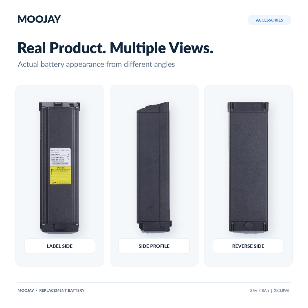 Label side, side profile and reverse side of the MOOJAY replacement battery
