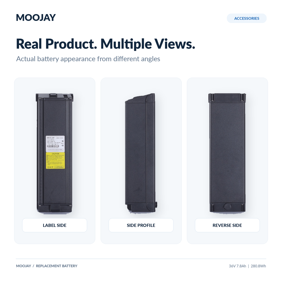 Label side, side profile and reverse side of the MOOJAY replacement battery