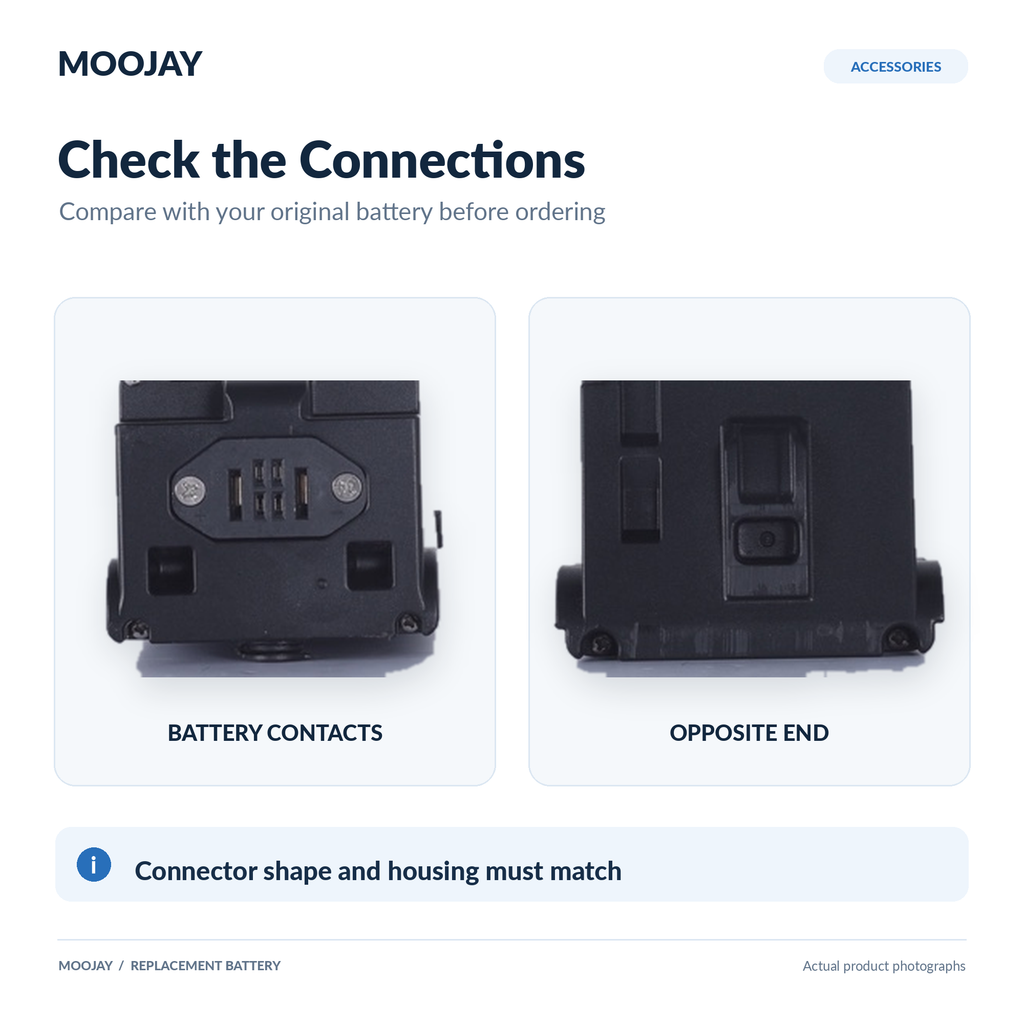 Battery contacts and opposite end for connector and housing checks