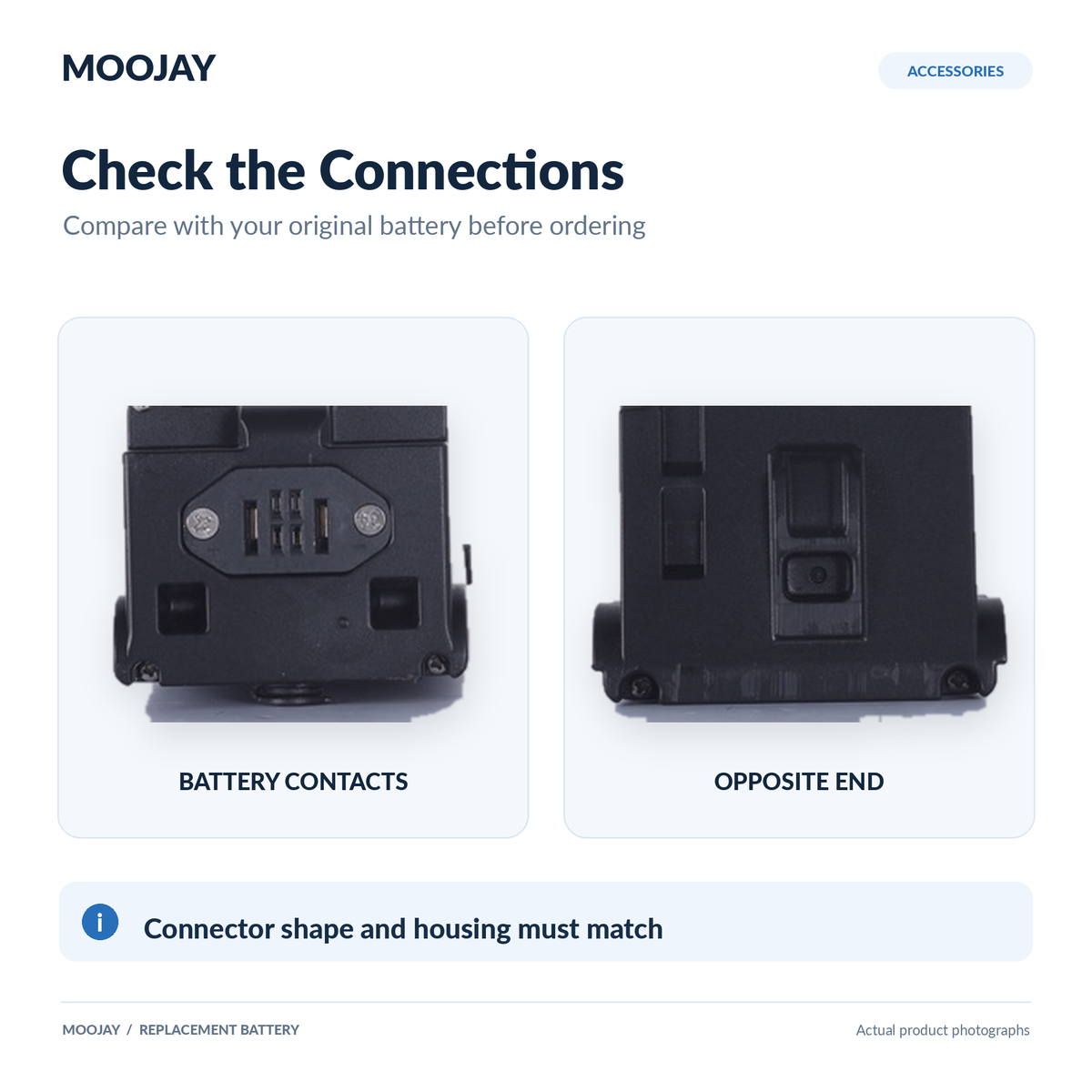 Battery contacts and opposite end for connector and housing checks