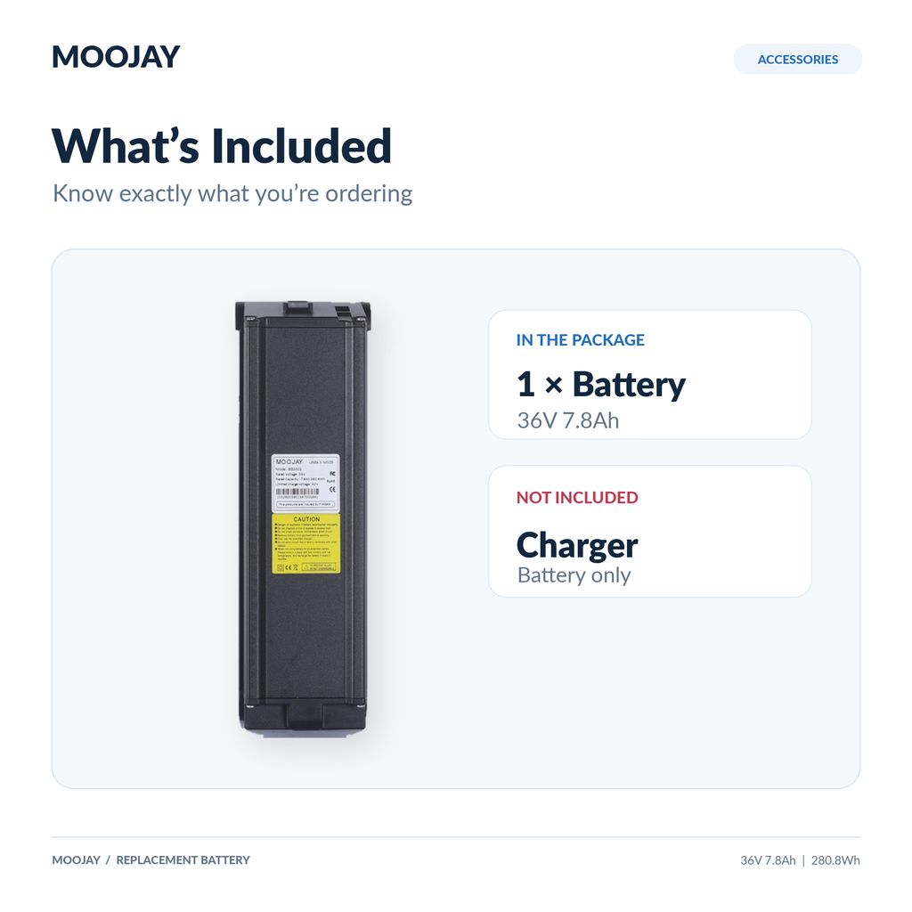 One MOOJAY battery only; charger is not included