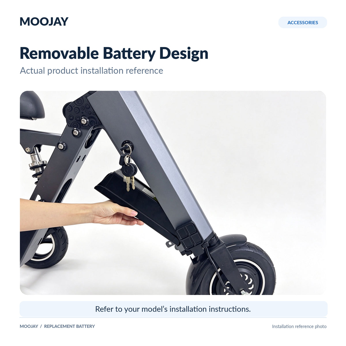 Scooter battery removal reference; scooter and keys are not included